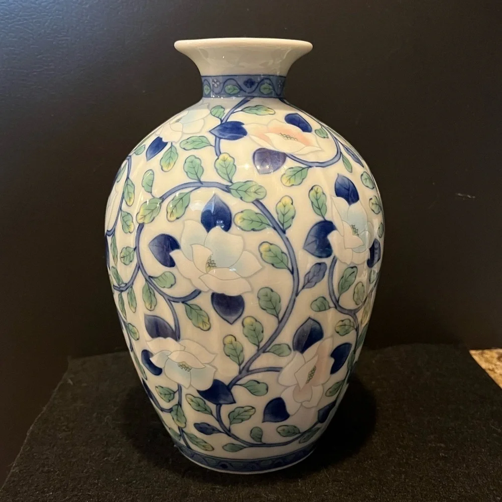 Vintage Maebata Japan Lotus Floral Andrea by Sadek Blue and White Vase